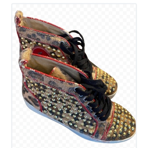 Authentic Christian Louboutin Louis Gold studded zebra leopard Unisex sneakers - Picture 3 of 6